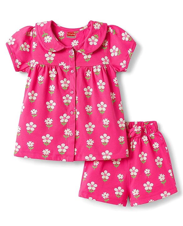 Babyhug 100% Cotton Knit Half Sleeves Top & Shorts Night Suit With Floral Print - Pink