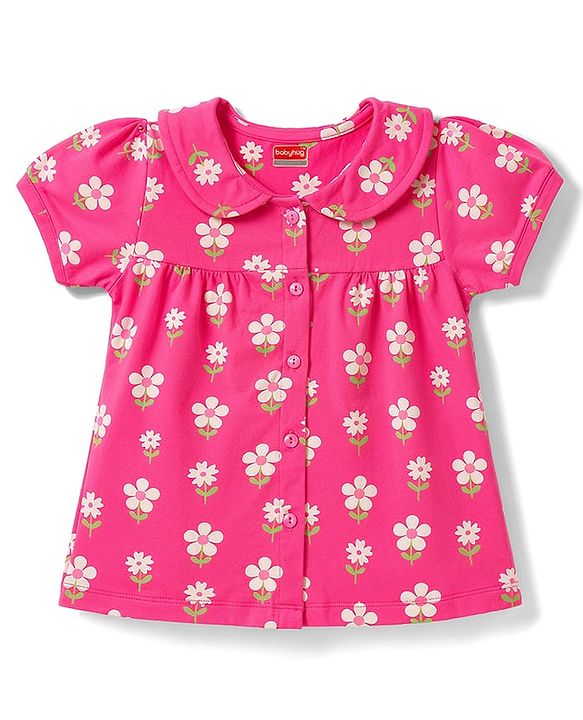 Babyhug 100% Cotton Knit Half Sleeves Top & Shorts Night Suit With Floral Print - Pink