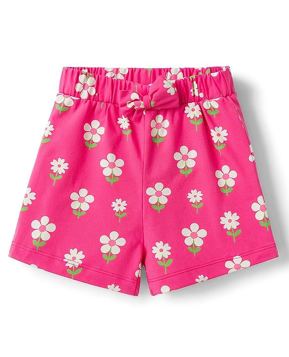 Babyhug 100% Cotton Knit Half Sleeves Top & Shorts Night Suit With Floral Print - Pink