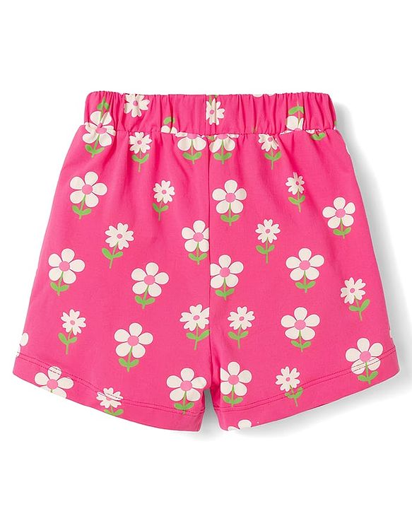 Babyhug 100% Cotton Knit Half Sleeves Top & Shorts Night Suit With Floral Print - Pink