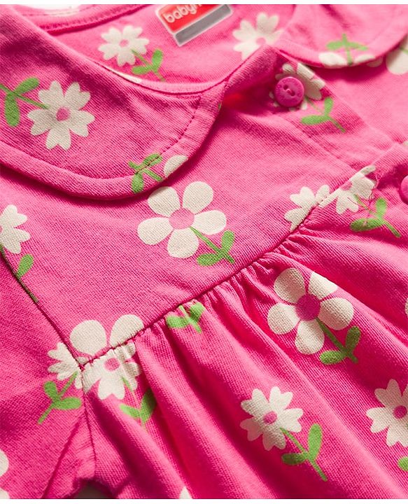 Babyhug 100% Cotton Knit Half Sleeves Top & Shorts Night Suit With Floral Print - Pink