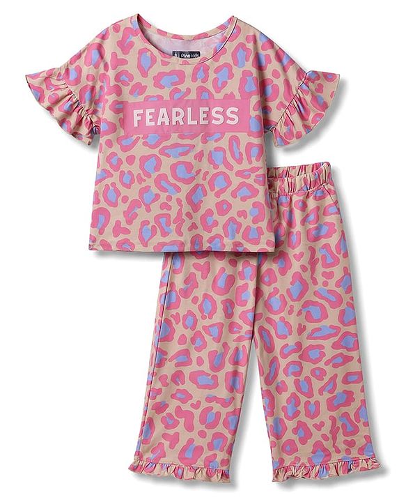 Pine Kids Cotton Knit Half Sleeves Co-Ord Top & Pyjama Printed Night Suit - Pink & Golden