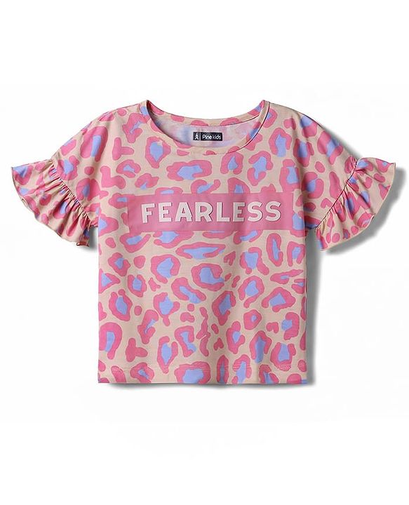 Pine Kids Cotton Knit Half Sleeves Co-Ord Top & Pyjama Printed Night Suit - Pink & Golden