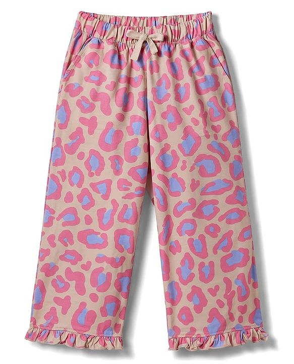 Pine Kids Cotton Knit Half Sleeves Co-Ord Top & Pyjama Printed Night Suit - Pink & Golden