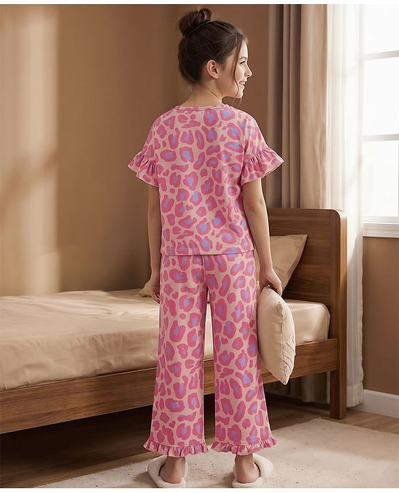 Pine Kids Cotton Knit Half Sleeves Co-Ord Top & Pyjama Printed Night Suit - Pink & Golden