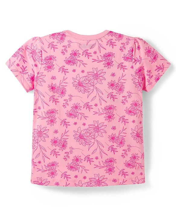 Pine Kids Cotton Knit Half Sleeves Co-Ord T-Shirt & Pyjama Night-Suit With Floral & Text Print - Pink