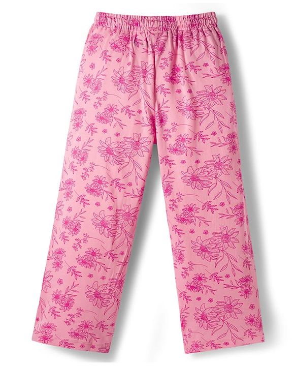 Pine Kids Cotton Knit Half Sleeves Co-Ord T-Shirt & Pyjama Night-Suit With Floral & Text Print - Pink