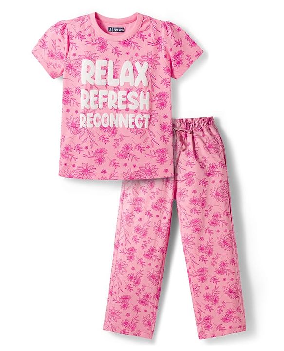 Pine Kids Cotton Knit Half Sleeves Co-Ord T-Shirt & Pyjama Night-Suit With Floral & Text Print - Pink