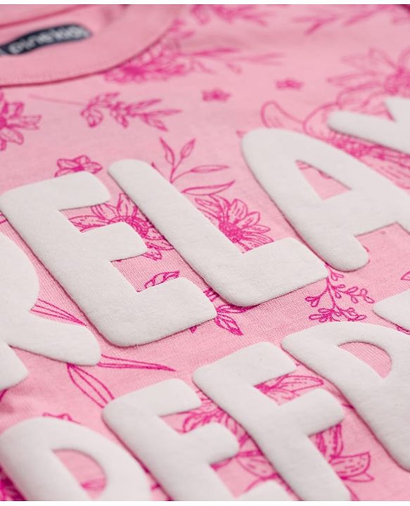 Pine Kids Cotton Knit Half Sleeves Co-Ord T-Shirt & Pyjama Night-Suit With Floral & Text Print - Pink