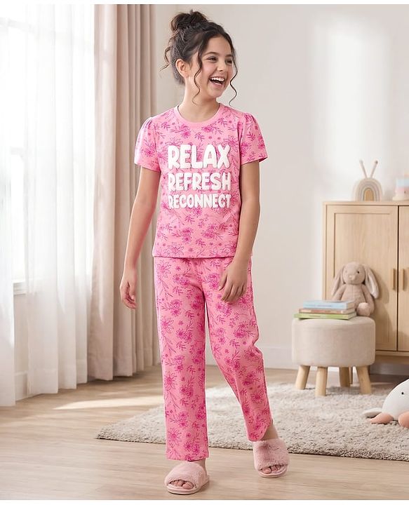 Pine Kids Cotton Knit Half Sleeves Co-Ord T-Shirt & Pyjama Night-Suit With Floral & Text Print - Pink