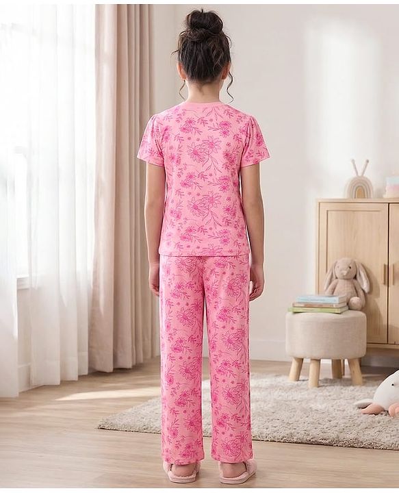 Pine Kids Cotton Knit Half Sleeves Co-Ord T-Shirt & Pyjama Night-Suit With Floral & Text Print - Pink