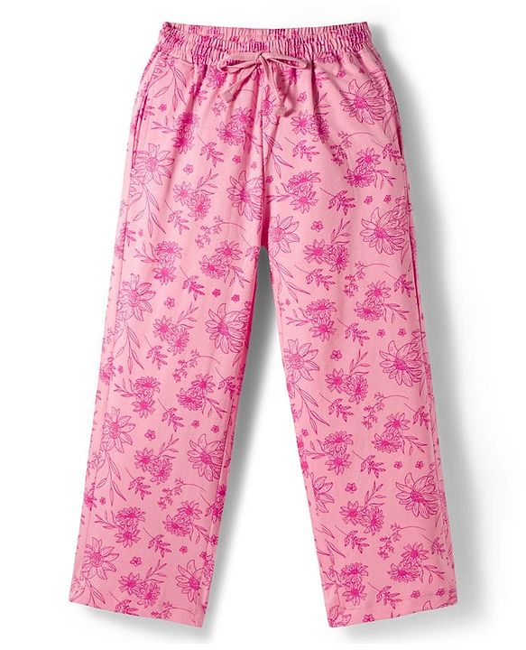 Pine Kids Cotton Knit Half Sleeves Co-Ord T-Shirt & Pyjama Night-Suit With Floral & Text Print - Pink