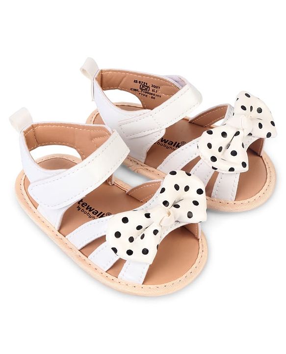 Cute Walk by Babyhug Velcro Closure Booties With Bow Applique & Polka Dots Print - White