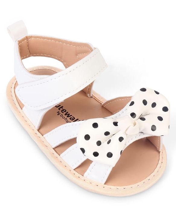 Cute Walk by Babyhug Velcro Closure Booties With Bow Applique & Polka Dots Print - White