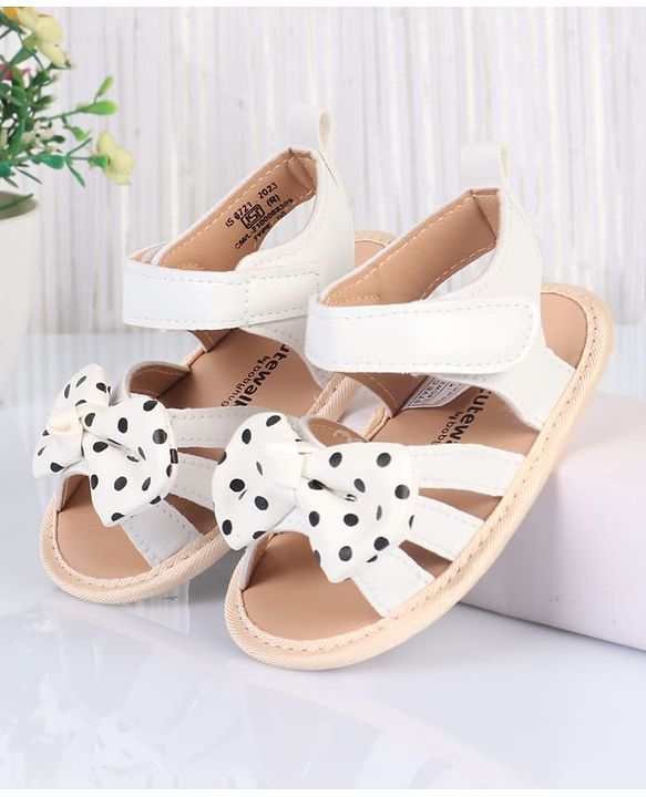 Cute Walk by Babyhug Velcro Closure Booties With Bow Applique & Polka Dots Print - White