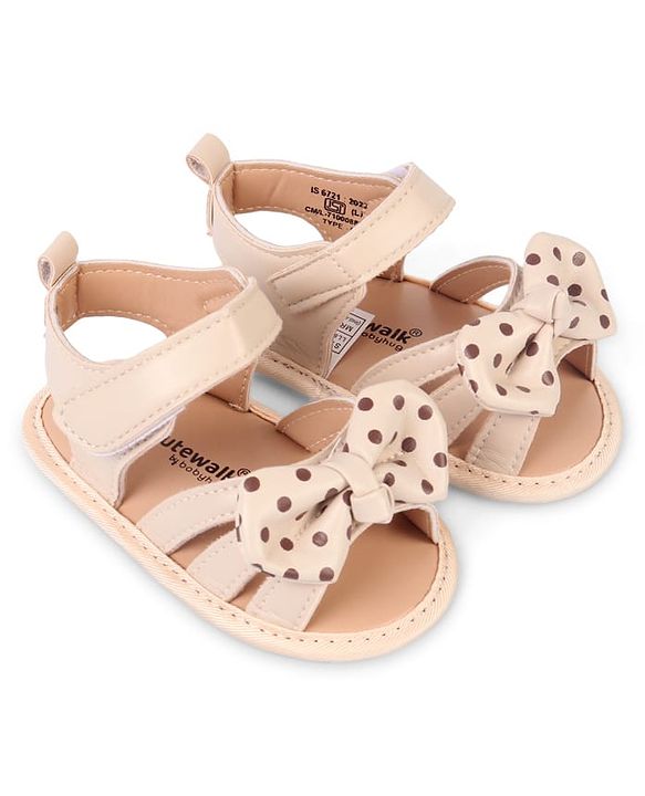 Cute Walk by Babyhug Velcro Closure Booties With Bow Applique & Polka Dots Print - White