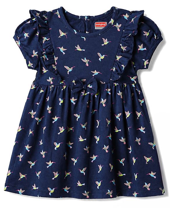 Babyhug Single Jersey Knit Half Sleeves Frock with Bird Print & Bloomer - Navy Blue