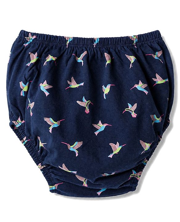 Babyhug Single Jersey Knit Half Sleeves Frock with Bird Print & Bloomer - Navy Blue