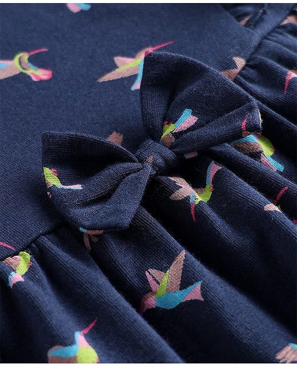 Babyhug Single Jersey Knit Half Sleeves Frock with Bird Print & Bloomer - Navy Blue