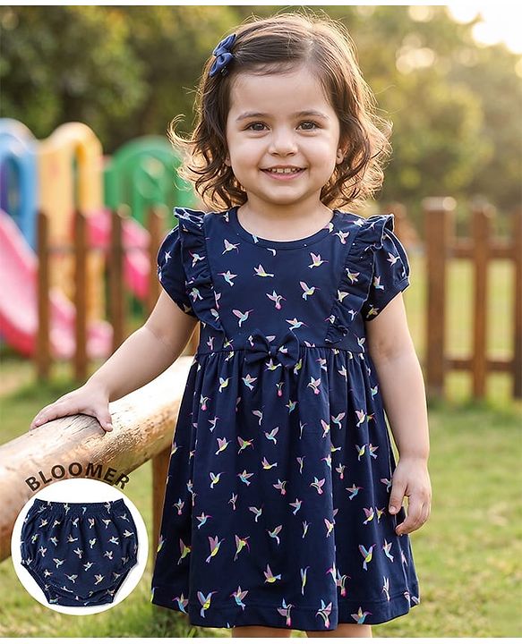 Babyhug Single Jersey Knit Half Sleeves Frock with Bird Print & Bloomer - Navy Blue