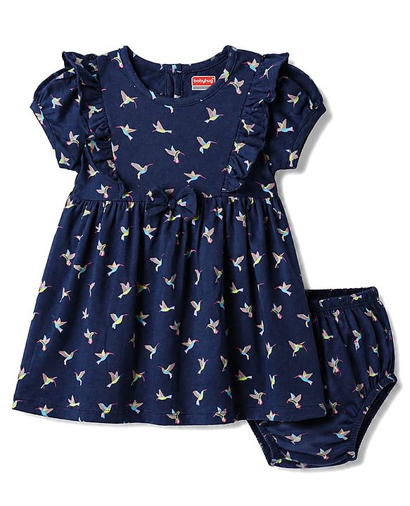 Babyhug Single Jersey Knit Half Sleeves Frock with Bird Print & Bloomer - Navy Blue