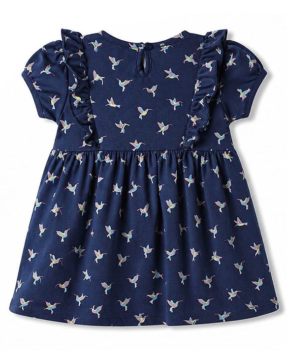 Babyhug Single Jersey Knit Half Sleeves Frock with Bird Print & Bloomer - Navy Blue