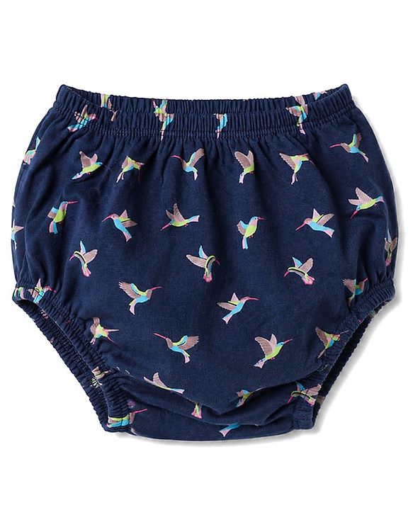 Babyhug Single Jersey Knit Half Sleeves Frock with Bird Print & Bloomer - Navy Blue