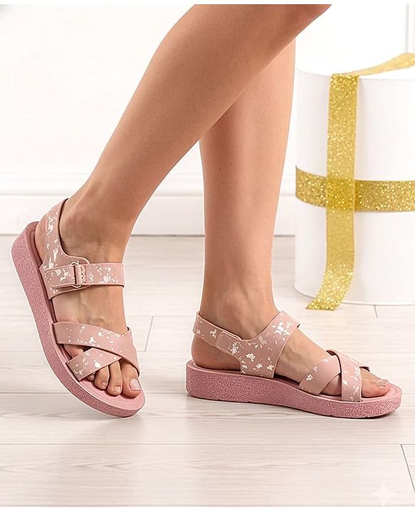 Pine Kids Velcro Closure Sandals with Criss-cross Straps & Foil Print in Pink
