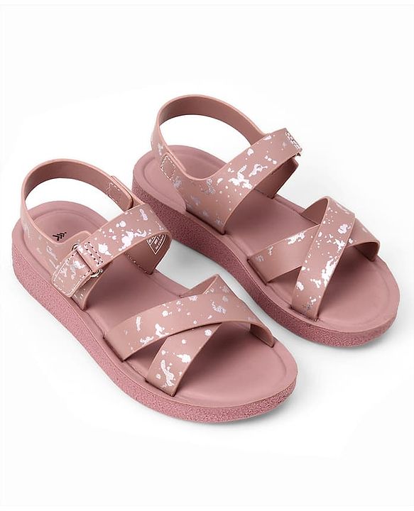 Pine Kids Velcro Closure Sandals with Criss-cross Straps & Foil Print in Pink