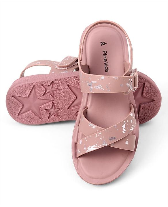 Pine Kids Velcro Closure Sandals with Criss-cross Straps & Foil Print in Pink
