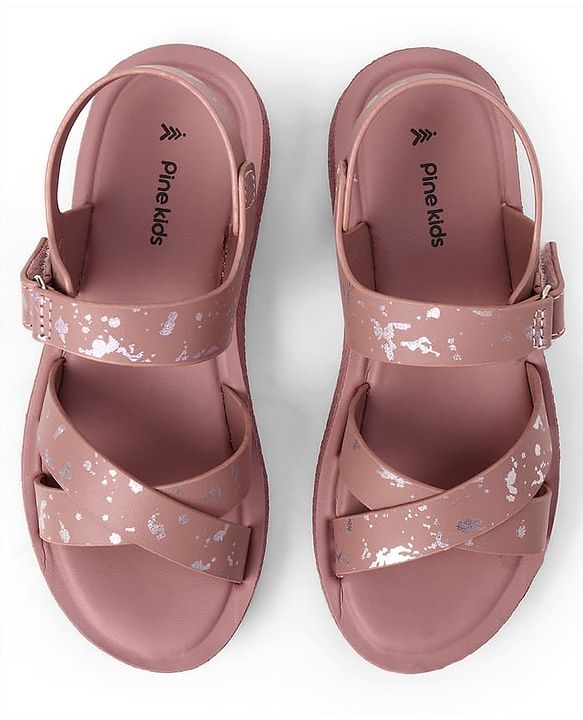 Pine Kids Velcro Closure Sandals with Criss-cross Straps & Foil Print in Pink