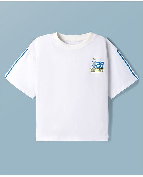 Pine Kids Disney Single Jersey Knit Half Sleeves T-Shirt With Front & Back Mickey Mouse Graphics - White