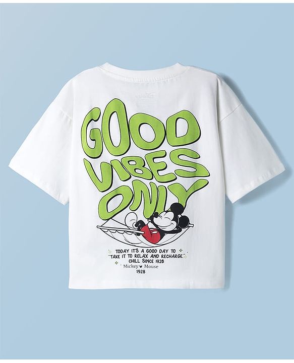 Pine Kids Disney Single Jersey Knit Half Sleeves T-Shirt With Mickey Mouse Front & Back Print - White