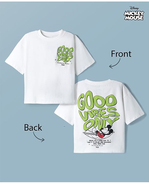 Pine Kids Disney Single Jersey Knit Half Sleeves T-Shirt With Mickey Mouse Front & Back Print - White