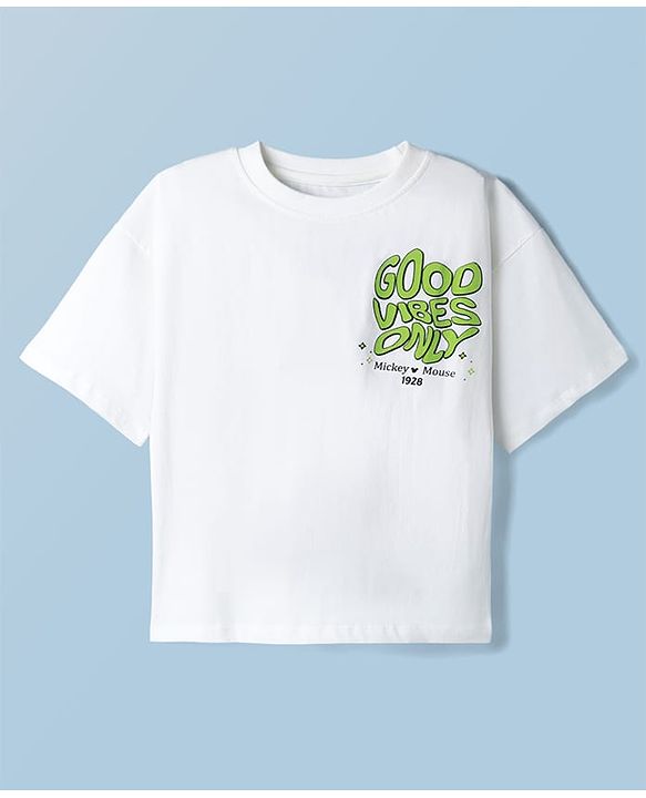 Pine Kids Disney Single Jersey Knit Half Sleeves T-Shirt With Mickey Mouse Front & Back Print - White