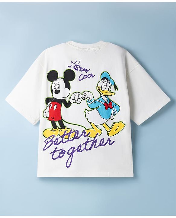 Pine Kids Disney Single Jersey Knit Half Sleeves T-Shirt With Mickey Mouse Front & Back Print - White