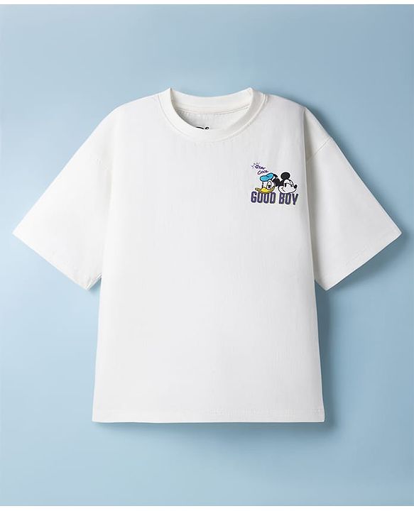 Pine Kids Disney Single Jersey Knit Half Sleeves T-Shirt With Mickey Mouse Front & Back Print - White