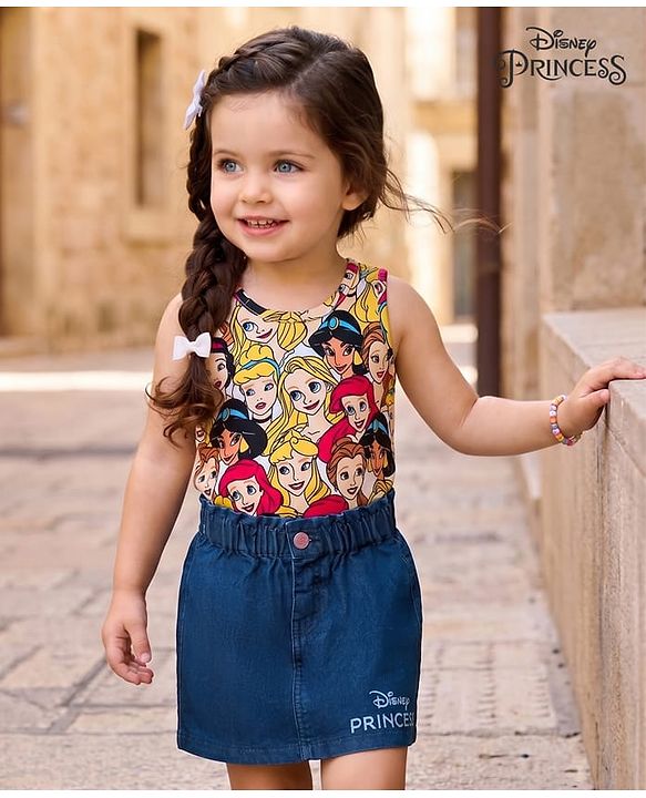 Babyhug Disney Single Jersey Knit Sleeveless Tops and Denim Skirts Set with Disney Princess Graphics -  Multicolour