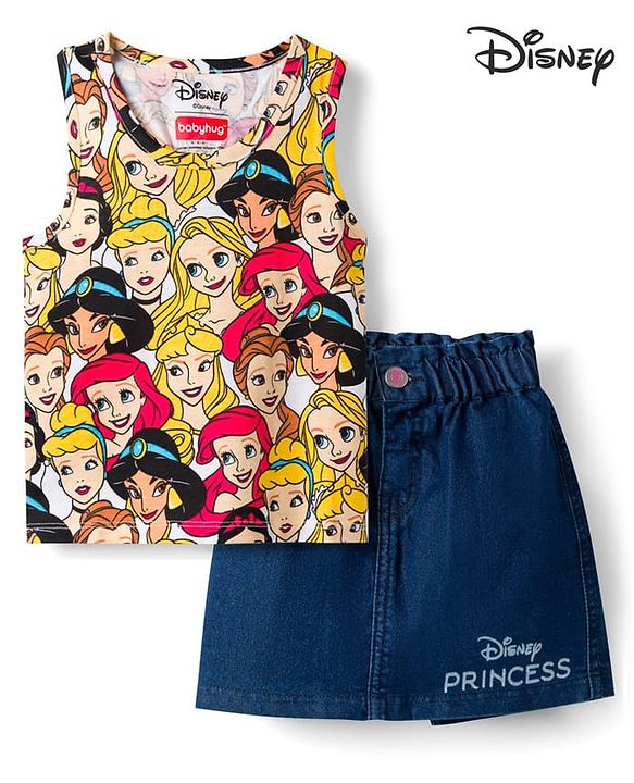 Babyhug Disney Single Jersey Knit Sleeveless Tops and Denim Skirts Set with Disney Princess Graphics -  Multicolour