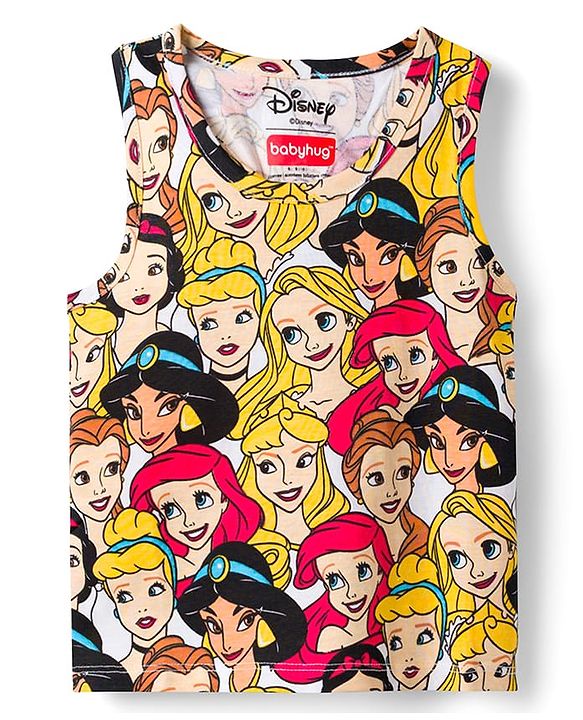Babyhug Disney Single Jersey Knit Sleeveless Tops and Denim Skirts Set with Disney Princess Graphics -  Multicolour