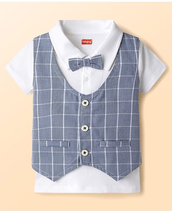 Babyhug Cotton Knit Half Sleeves T-Shirt & Shorts With Attached Checks Waistcoat & Bow - Blue
