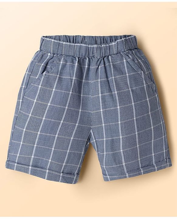Babyhug Cotton Knit Half Sleeves T-Shirt & Shorts With Attached Checks Waistcoat & Bow - Blue