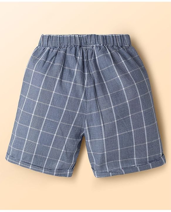 Babyhug Cotton Knit Half Sleeves T-Shirt & Shorts With Attached Checks Waistcoat & Bow - Blue