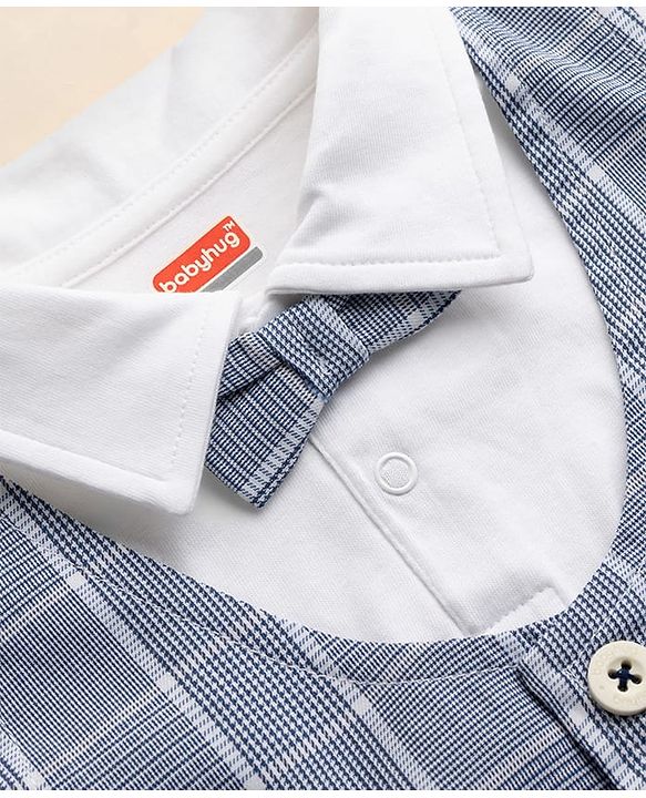 Babyhug Cotton Knit Half Sleeves T-Shirt & Shorts With Attached Checks Waistcoat & Bow - Blue