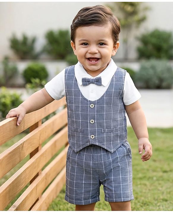 Babyhug Cotton Knit Half Sleeves T-Shirt & Shorts With Attached Checks Waistcoat & Bow - Blue