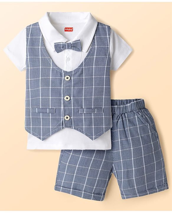 Babyhug Cotton Knit Half Sleeves T-Shirt & Shorts With Attached Checks Waistcoat & Bow - Blue