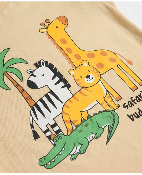 Babyhug Single Jersey Knit Sleeveless T-Shirt & Shorts Set with Animal Print - Light Brown & Yellow