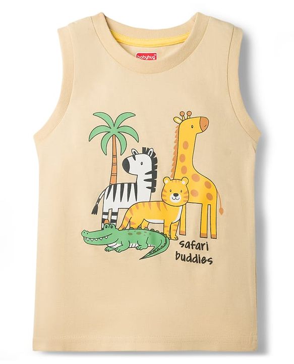 Babyhug Single Jersey Knit Sleeveless T-Shirt & Shorts Set with Animal Print - Light Brown & Yellow