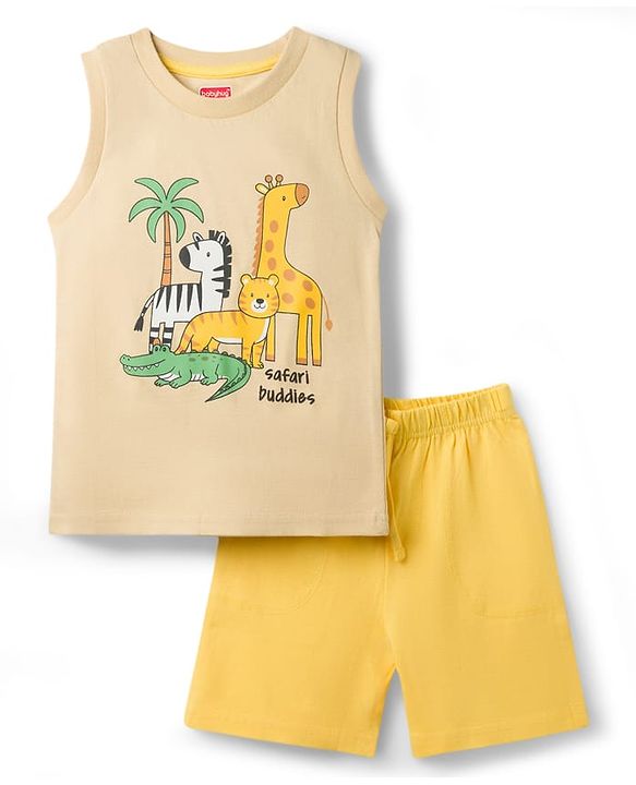 Babyhug Single Jersey Knit Sleeveless T-Shirt & Shorts Set with Animal Print - Light Brown & Yellow