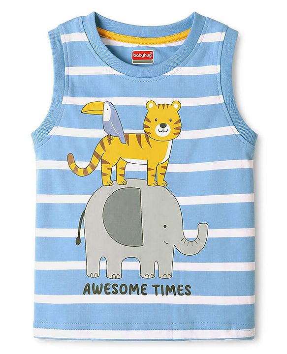 Babyhug Single Jersey Knit Sleeveless Striped Animal Printed Tank T-Shirt & Shorts Set - Light Blue & Yellow